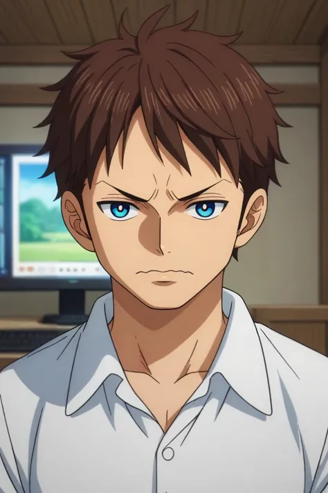 a man with brown hair and blue eyes in a white shirt