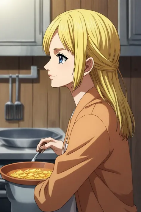 a woman in a kitchen with a bowl of food in her hand