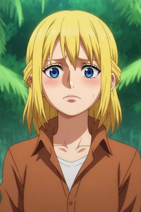 a woman with blonde hair and blue eyes standing in front of a forest