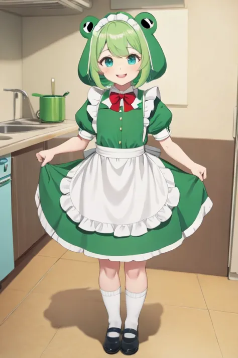 8k, masterpiece, cute solo 1girl, maid, big smile, short girl, green dress, white apron, vibrant, vivid, dynamic, indoors, Frog costume B, frog costume, animal costume, standing, full body