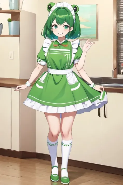 a close up of a person in a green dress in a kitchen