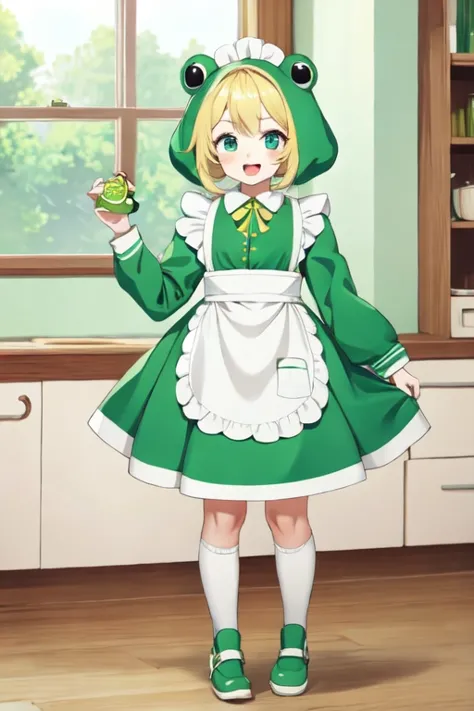 anime girl in green dress holding a frog in her hand