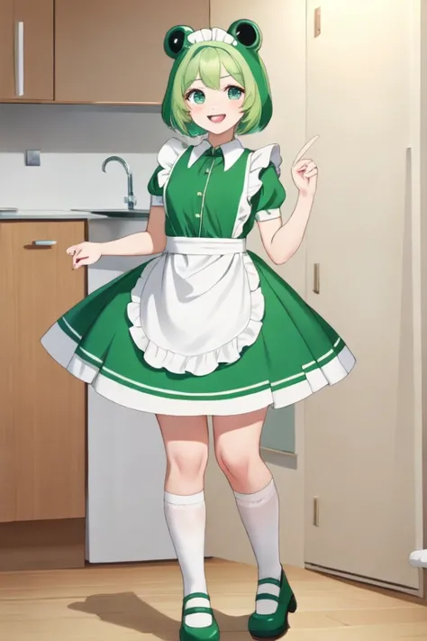 8k, masterpiece, cute solo 1girl, maid, big smile, short girl, green dress, white apron, vibrant, vivid, dynamic, indoors, Frog costume B, frog costume, animal costume, standing, full body