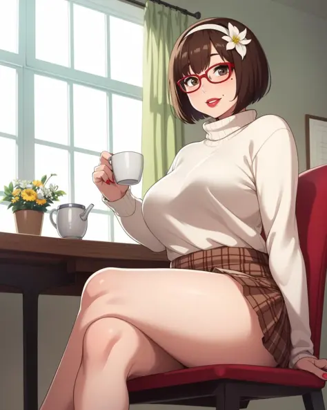 masterpiece, best quality, detailed face, 1girl, mature, mole, chubby, sitting on chair, crossed legs, white turtle neck sweater...