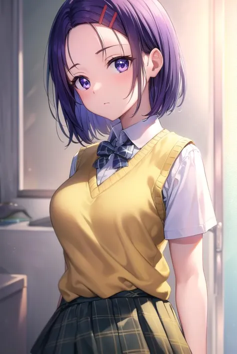 anime girl with purple hair and yellow shirt and bow tie