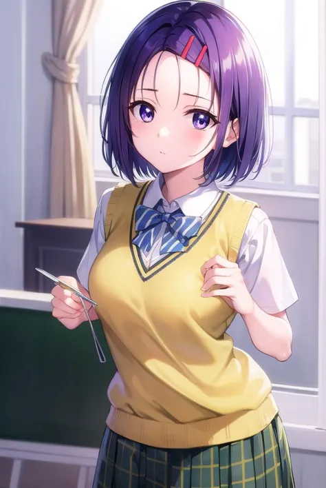 harunasairenji, <lyco:harunasairenji-lyco-nochekaiser:1>,
haruna sairenji, hair ornament, hairclip, (purple eyes:1.1), purple hair, short hair, swept bangs, (forehead:1.3),
BREAK green skirt, plaid, plaid skirt, sainan high school uniform, school uniform, skirt, sweater vest, (yellow sweater:1.3), short sleeves,
BREAK indoors, classroom,
BREAK looking at viewer, (cowboy shot:1.5),
BREAK <lyco:GoodHands-beta2:1>, (masterpiece:1.2), best quality, high resolution, unity 8k wallpaper, (illustration:0.8), (beautiful detailed eyes:1.6), extremely detailed face, perfect lighting, extremely detailed CG, (perfect hands, perfect anatomy),