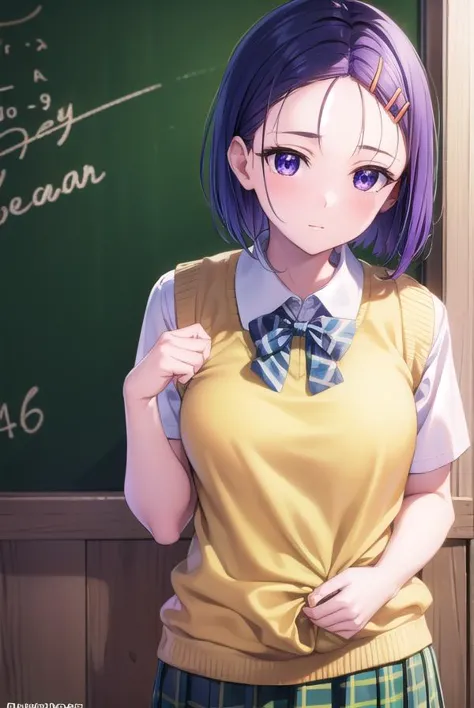 anime girl in school uniform standing in front of a blackboard