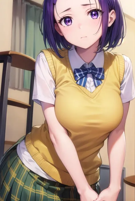 anime girl with purple hair and a yellow shirt and green skirt