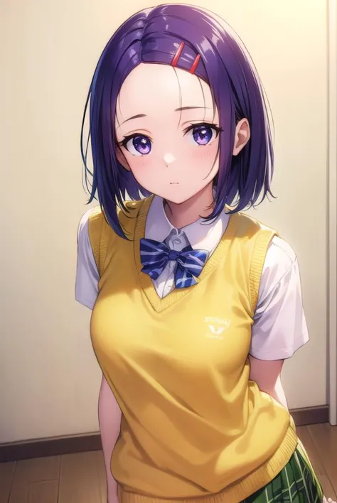 anime girl with purple hair and yellow shirt and green skirt