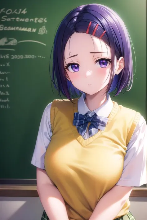 anime girl in school uniform standing in front of a blackboard