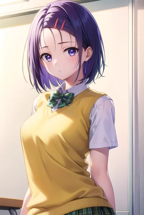 anime girl with purple hair and yellow shirt and green skirt