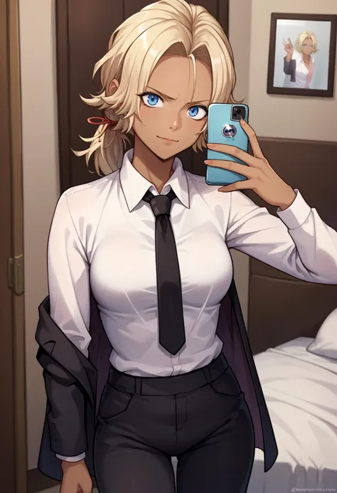 anime girl taking a selfie with her phone in a hotel room