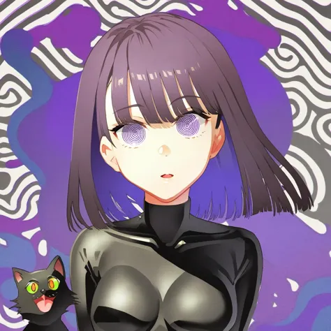 anime girl with black cats and purple background