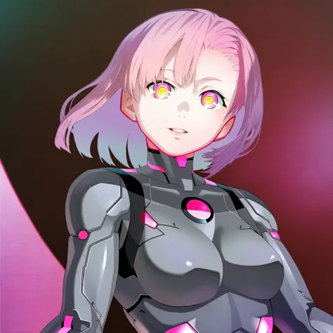 anime girl with pink hair and purple eyes standing in front of a pink background