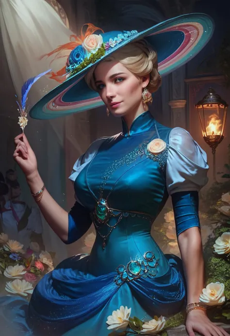 there is a woman in a blue dress and a hat holding a flower