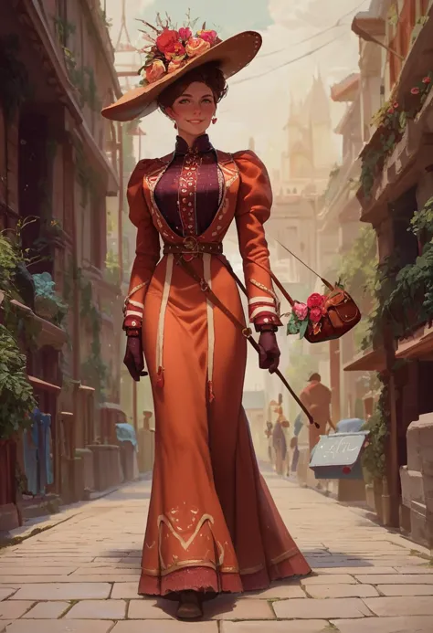 a woman in a long dress and hat walking down a street