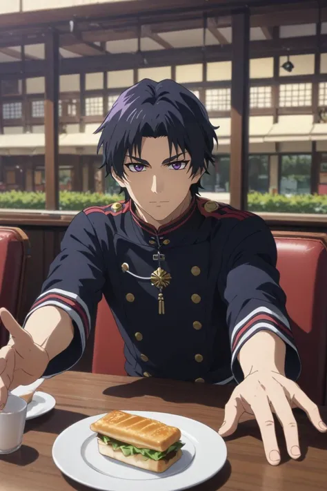 anime character sitting at a table with a sandwich and coffee