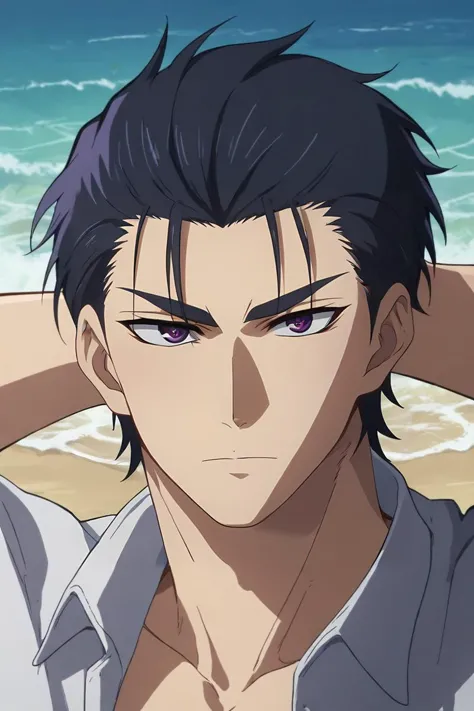 a man with black hair and a white shirt on a beach