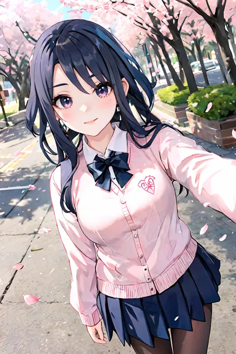 1fille, Clorinde \(impact genshin\), seulement, uniforme scolaire, chemise à col blanc, Pull-over, jupe plissée, collants noirs, léger sourire, regarder le spectateur, En plein air, rue, fleurs de cerisier, pétales, profondeur de champ, chef-d&#39;œuvre