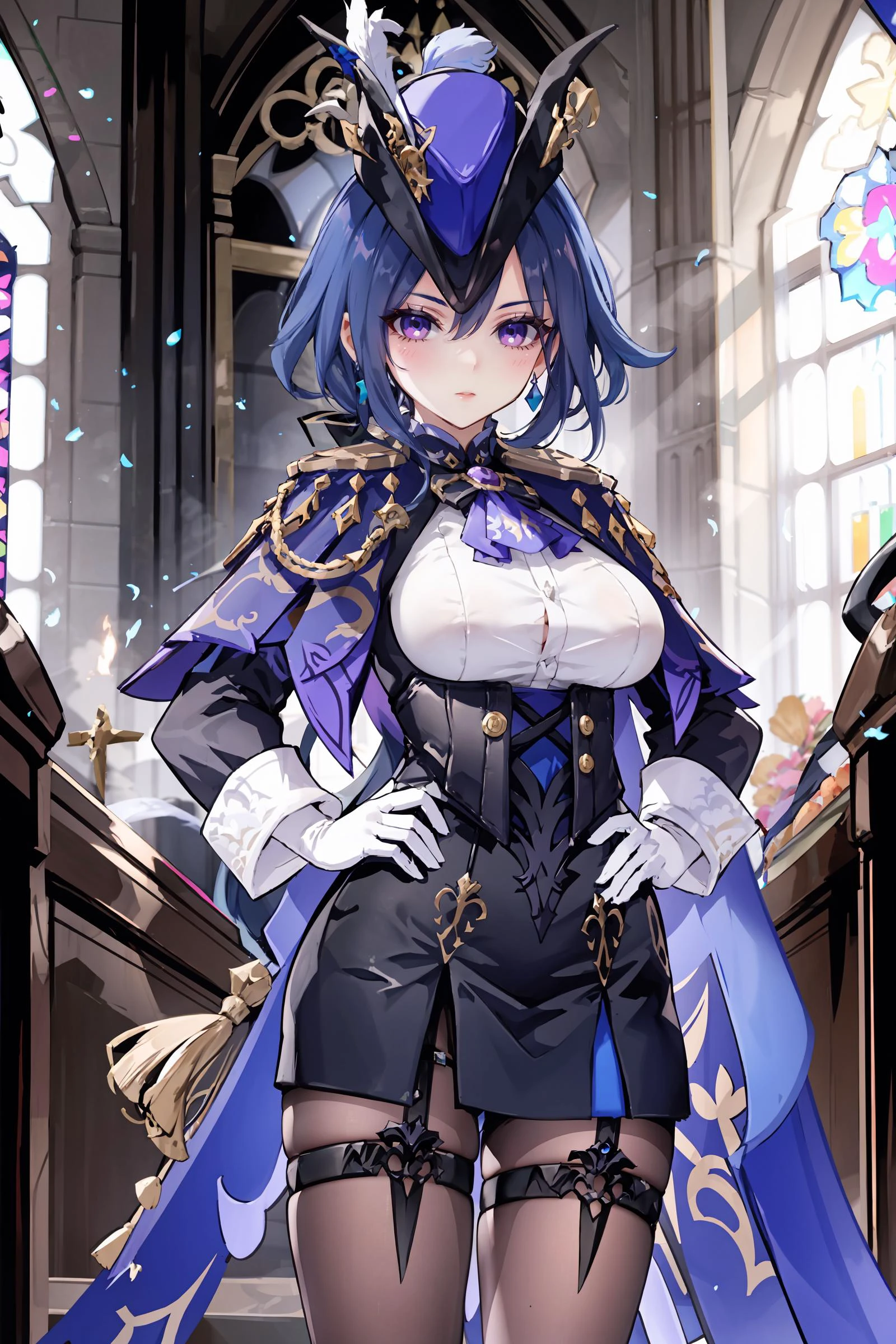 1girl, clorinde \(genshin impact\), tricorne, pantyhose, earrings, blue cape, white gloves, pencil skirt, white shirt, thigh strap, underbust, ascot, jacket, depth of field, standing, cowboy shot, glaring, hand on hip, looking at viewer, church, indoors