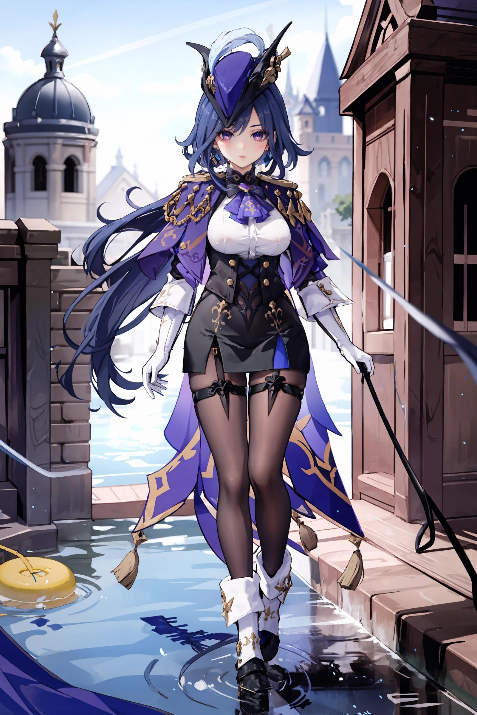 1girl, clorinde \(genshin impact\), tricorne, pantyhose, earrings, blue cape, white gloves, pencil skirt, white shirt, thigh strap, underbust, ascot, boots, jacket, depth of field, full body, walking, hand in own hair, looking at viewer, parted lips, floating hair, outdoors, castle