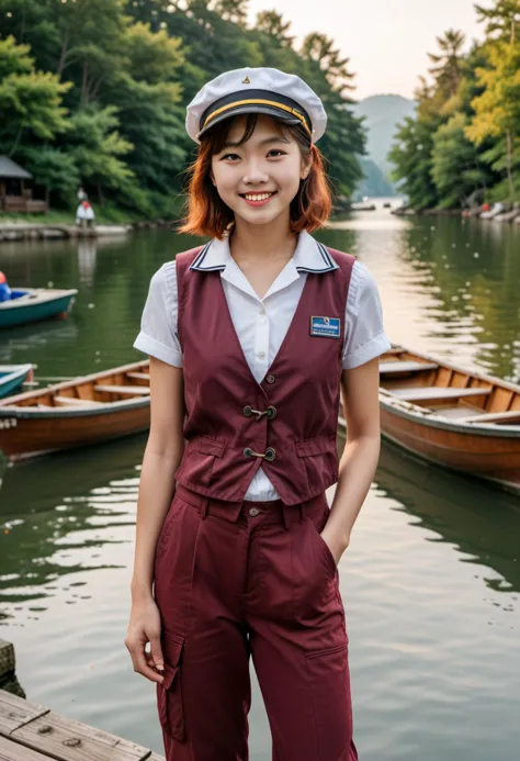 masterpiece, reality, 4k, (medium full shot) of (jaunty sailor) young woman, korean, fair skin, brown eyes, tiny build, long red...