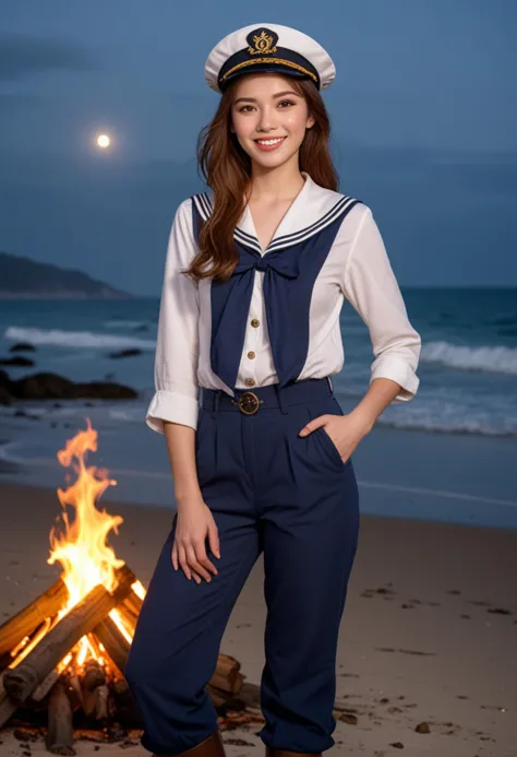 (medium full shot) of (rugged sailor) young woman, philippine, pale skin, light brown eyes, slim build, short brown straight down hair, wearing a sailor hat, blue sailor blouse, comfortable pants, boots, holding a compass, set in  Beach Bonfire, evening scene with a roaring fire, people gathered around, music playing, stars twinkling above, sound of the ocean , at sea, woman smiling, Masterpiece,best quality, photo, realistic, very aesthetic, detailed face,