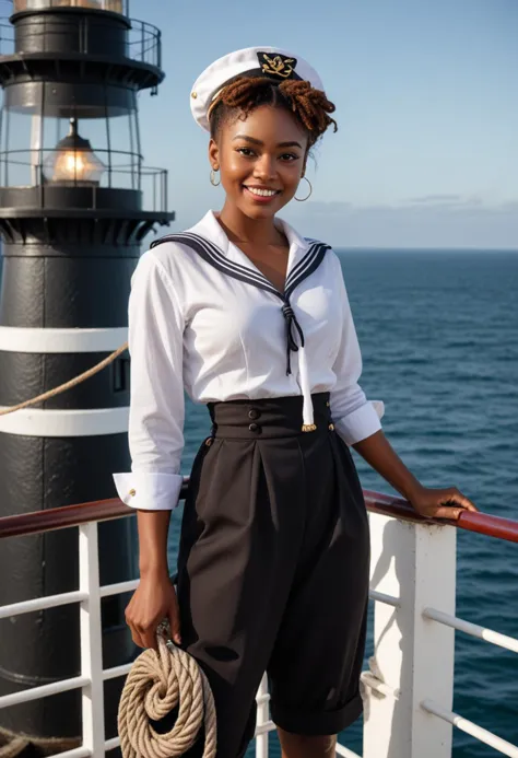 (medium full shot) of (dashing sailor) young woman, black american, dark skin, light brown eyes, busty build, short ginger messy bun hair, wearing a sailor hat, crisp white shirt, sailor trousers, black dress shoes, holding a rope, set in  Lighthouse, tall structure with a spiral staircase, bright light at the top, view of the sea, rocky shore below, at sea, woman smiling, Masterpiece,best quality, photo, realistic, very aesthetic, detailed face,