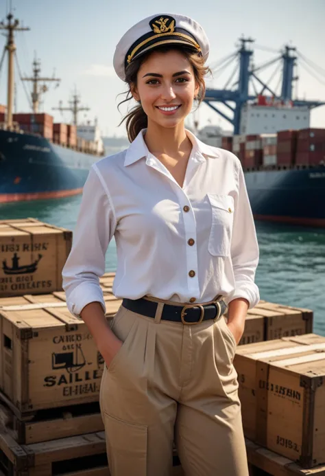 (medium full shot) of (rugged sailor) young woman, arabian, tan skin, hazel eyes, curvy build, medium dark bun hair, wearing a s...