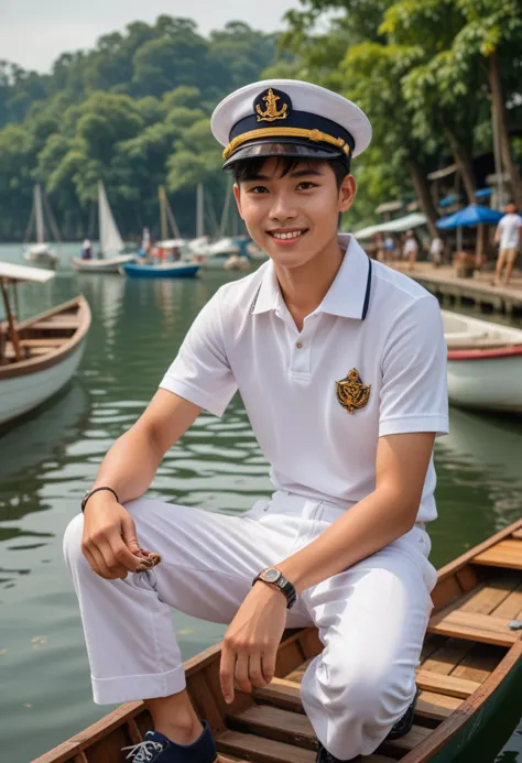 (medium full shot) of (charismatic sailor) young man, thai, fair skin, brown eyes, normal build, short dark hime cut hair, weari...