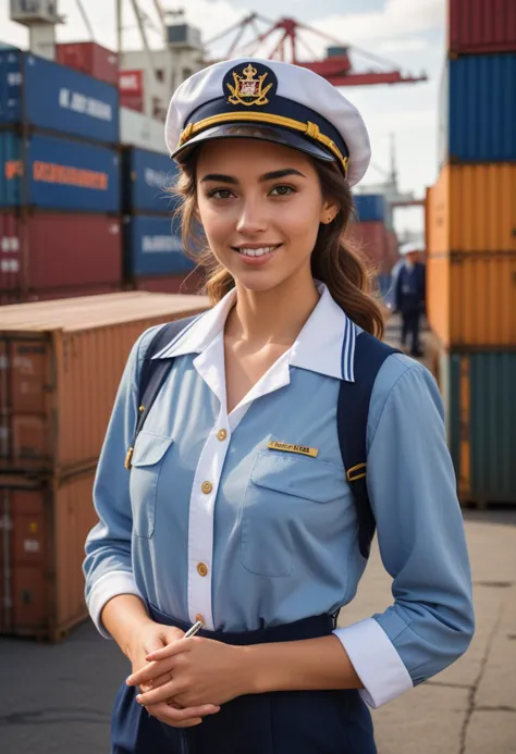 (medium full shot) of (noble sailor) young woman, spanish, tan skin, light brown eyes, willowy build, medium dark retro hair, wearing a sailor hat, blue sailor blouse, uniform pants, deck shoes, holding a compass, set in  Commercial Dock, busy area with cargo ships, containers being loaded, forklifts moving, noise of commerce, workers in hard hats, woman smiling, Masterpiece,best quality, photo, realistic, very aesthetic, detailed face,