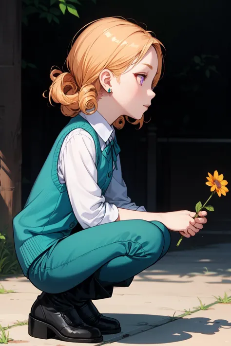 anime girl kneeling down with a flower in her hand