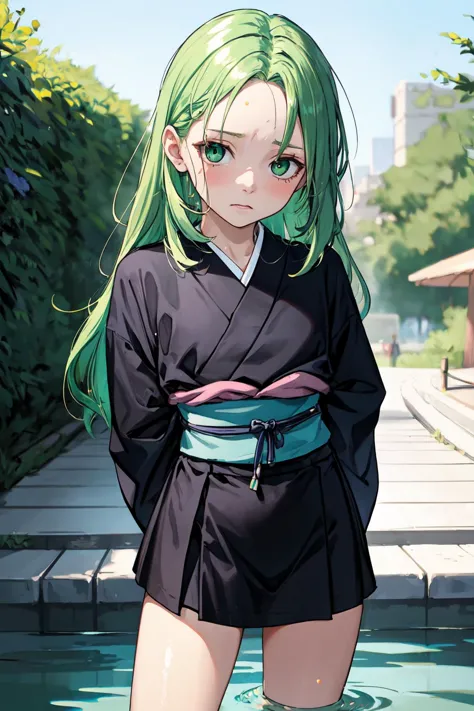 anime girl in black kimono outfit standing in water with green hair