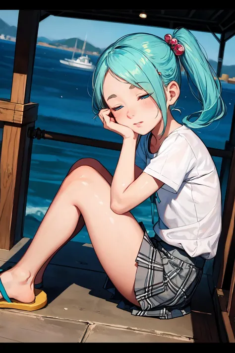 anime girl sitting on a pier with her legs crossed