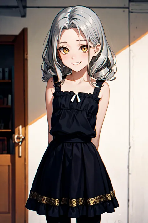 anime girl with gray hair and black dress standing in front of a door