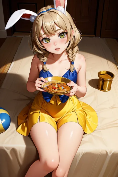 anime girl in bunny ears eating a bowl of cereal