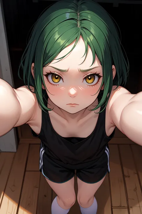 anime girl with green hair and black shirt posing for camera