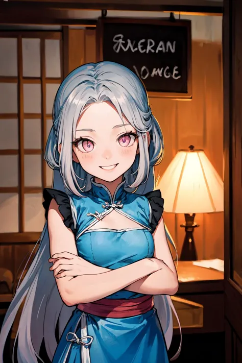 anime girl with long gray hair and blue dress standing in front of a window