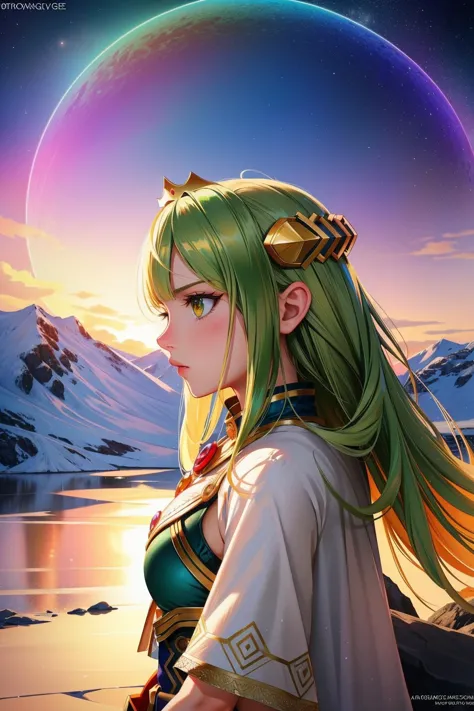 a woman with long green hair and a white dress standing in front of a mountain