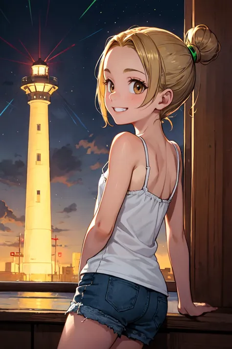 anime girl looking out a window at a lighthouse at night