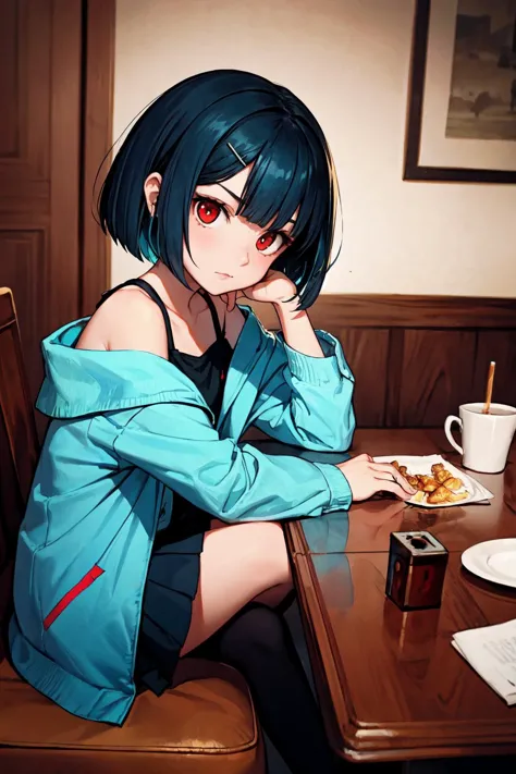 anime girl sitting at a table with a plate of food