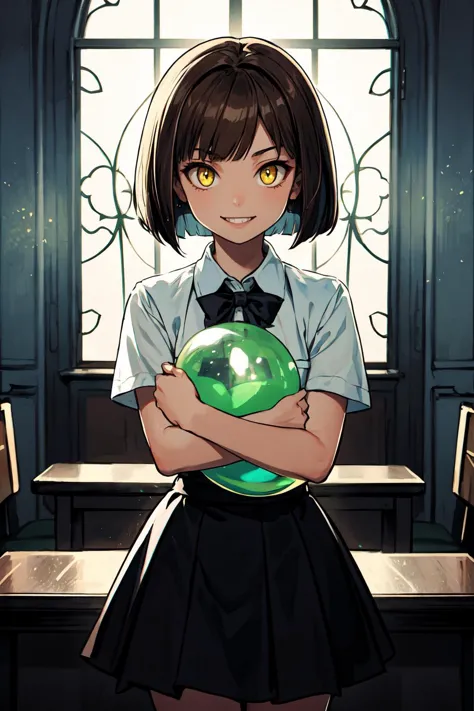 anime girl holding a green ball in front of a window