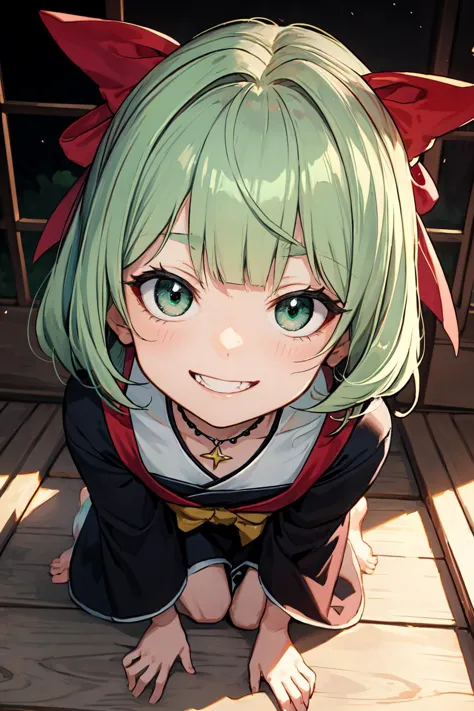 anime girl with green hair and green eyes sitting on a wooden floor