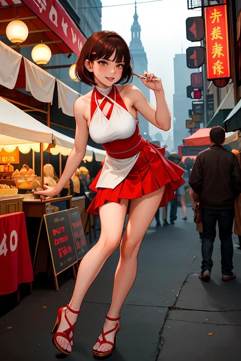 anime girl in a red and white dress posing for a picture