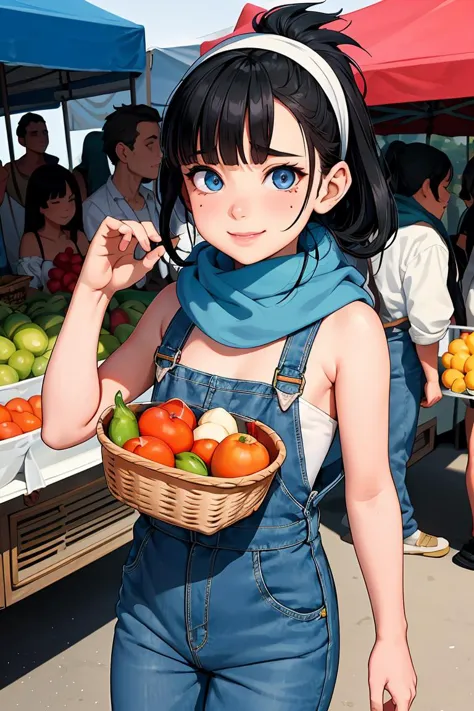 anime girl with a basket of fruit in front of a crowd