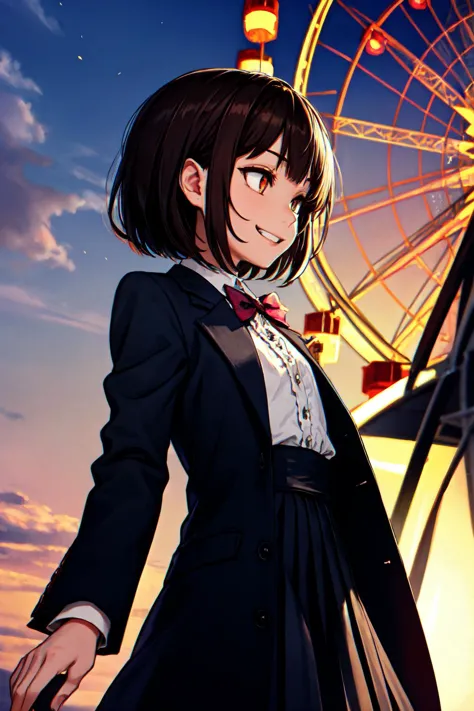 a close up of a person in a suit and tie near a ferris wheel