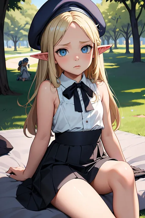 anime girl sitting on a blanket in a park with trees