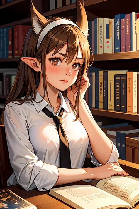 anime girl sitting at a desk with a book and a cat ears on her head