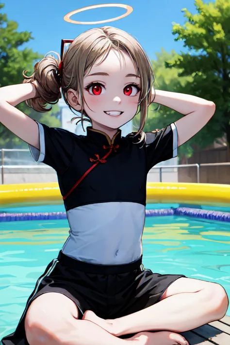 anime girl sitting on the ground in front of a pool