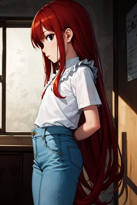 anime girl with long red hair leaning against a wall